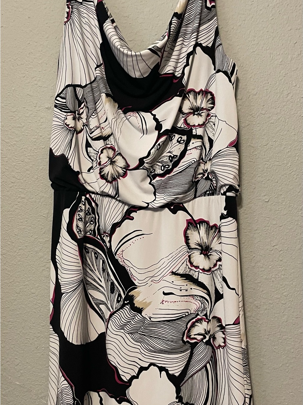 Floral Cowl Neck Women's Top — Black & White with Pink Accents